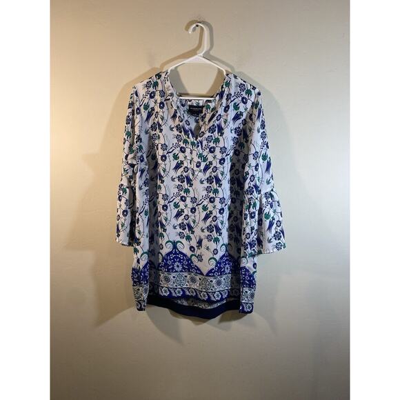 Liz Claiborne Career Floral Lightweight Split Neck Ruffle Cuffs Tunic Top XL - Picture 10 of 10